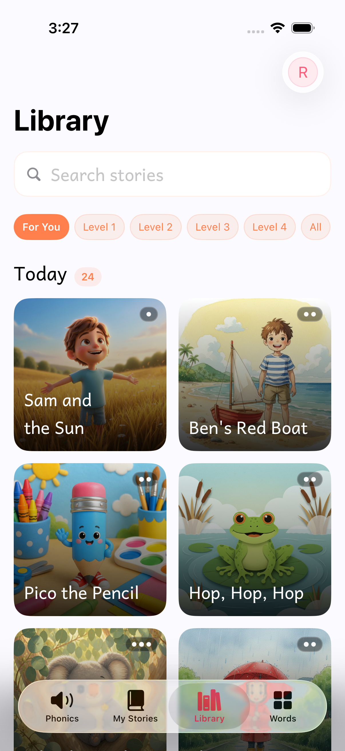 Anga library screen with story cards