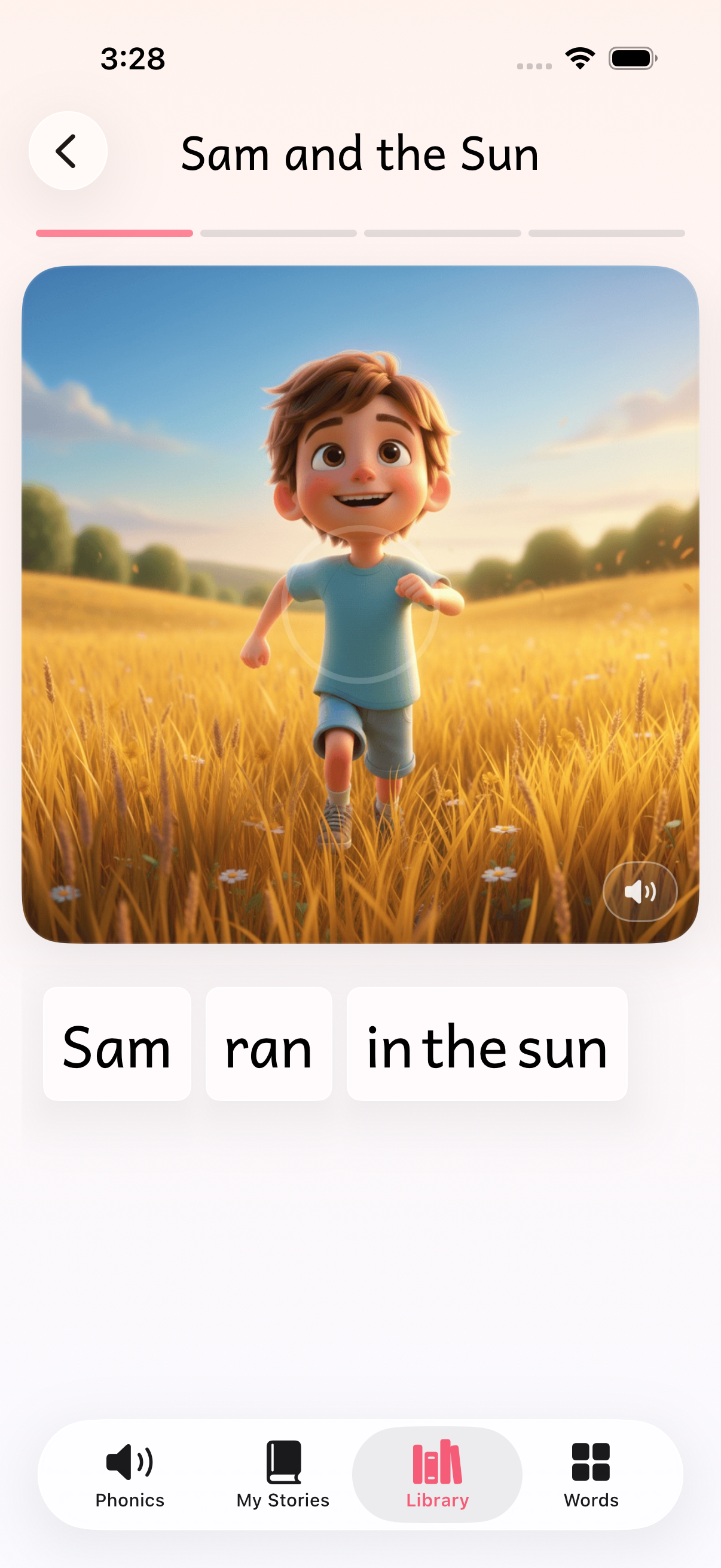 Anga story reader screen with illustration and text