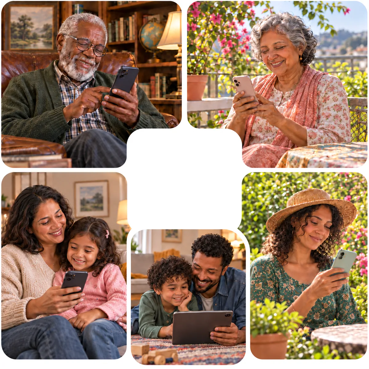 A grandfather, a grandmother, a mother and daughter, a father and son, and an aunt, each reading or writing stories on a phone or tablet