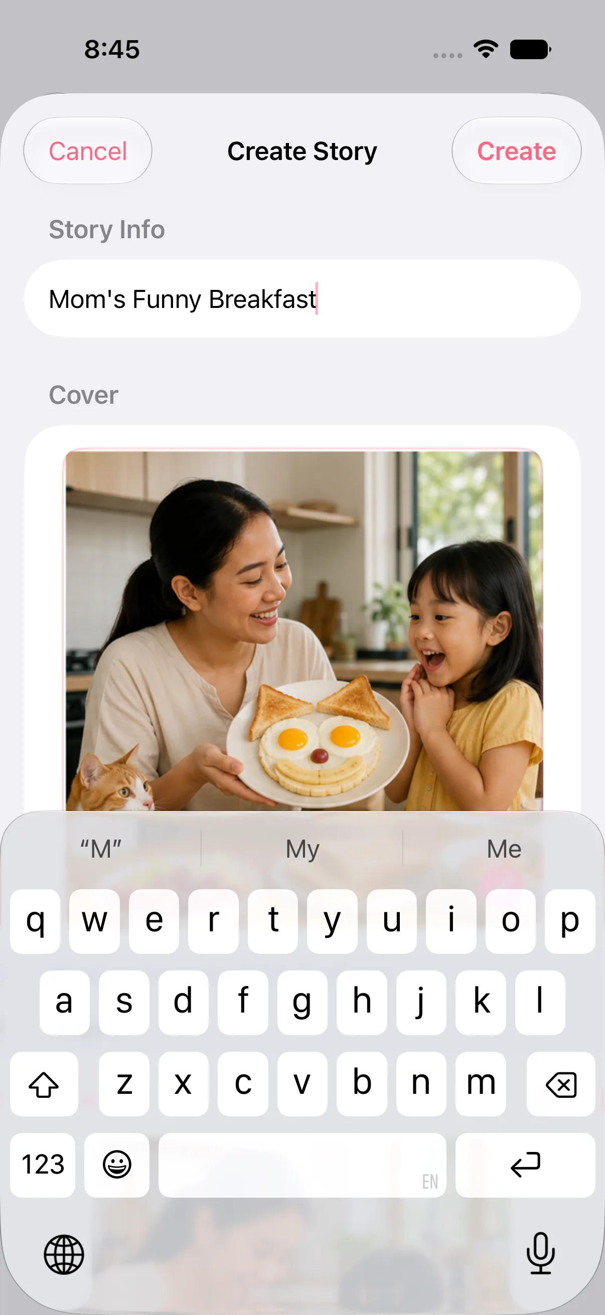 Create Story screen in Anga with the title Mom's Funny Breakfast, a cover image, and the keyboard open