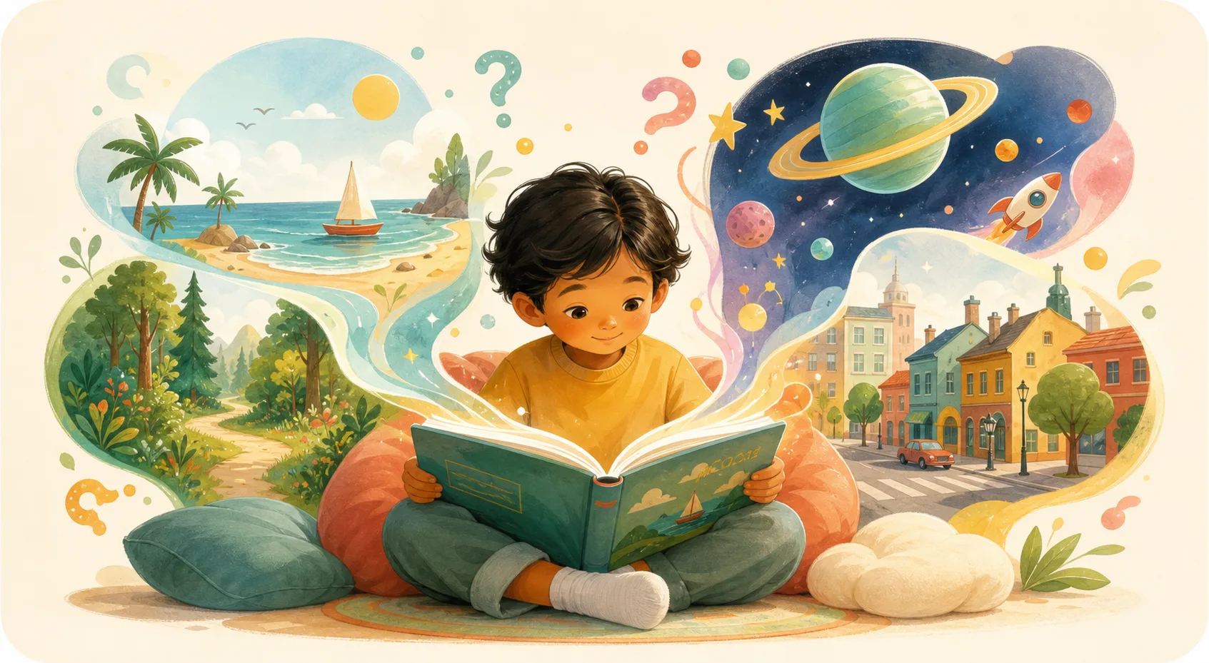 A child reading while story ideas open from a book
